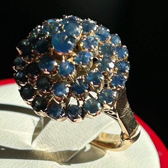 Sold-14K Yellow Gold Spiral Cluster Cocktail Natural Round Shape Blue Sapphire - Picture 17 of 17